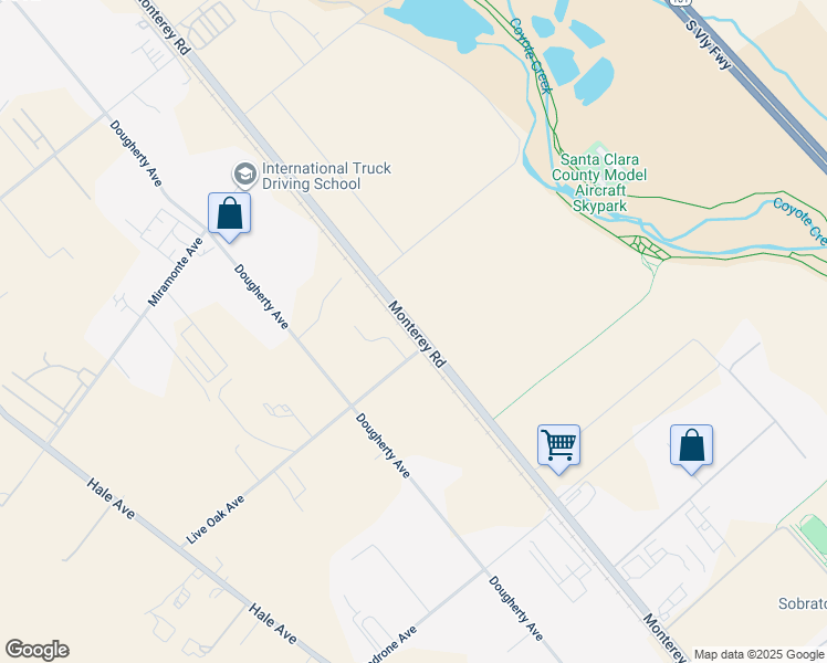 map of restaurants, bars, coffee shops, grocery stores, and more near Monterey Road in Santa Clara County