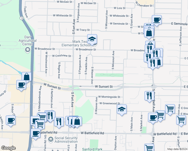 map of restaurants, bars, coffee shops, grocery stores, and more near 2562 South Weaver Avenue in Springfield