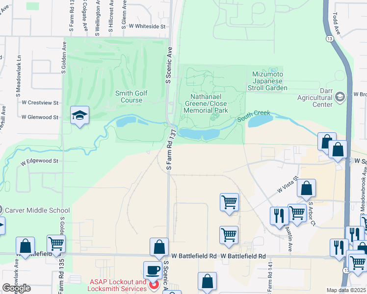 map of restaurants, bars, coffee shops, grocery stores, and more near 2630 South Scenic Avenue in Springfield
