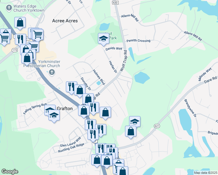 map of restaurants, bars, coffee shops, grocery stores, and more near 402 Wolf Trap Road in Yorktown