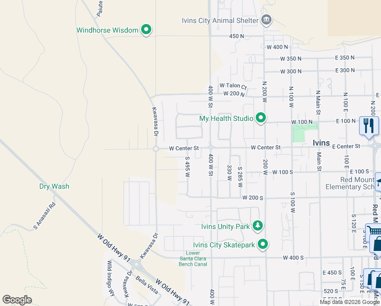 map of restaurants, bars, coffee shops, grocery stores, and more near 499 West Center Street in Ivins