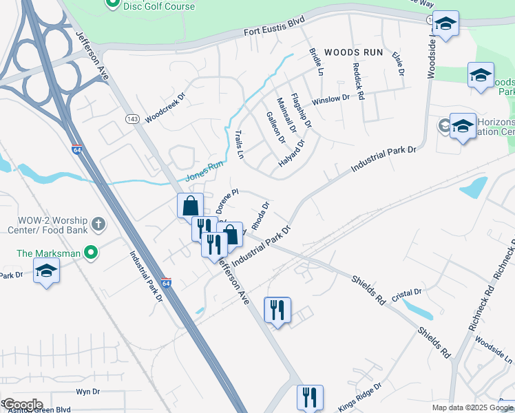 map of restaurants, bars, coffee shops, grocery stores, and more near 626 Dorene Place in Newport News