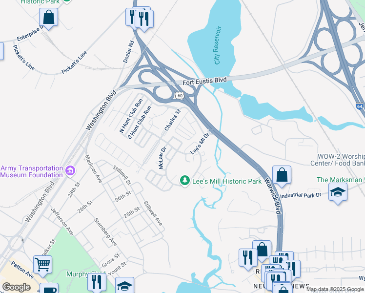 map of restaurants, bars, coffee shops, grocery stores, and more near 347 Lees Mill Drive in Newport News