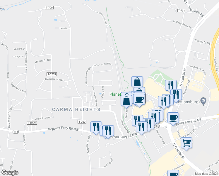 map of restaurants, bars, coffee shops, grocery stores, and more near 190 Revolution Circle in Christiansburg