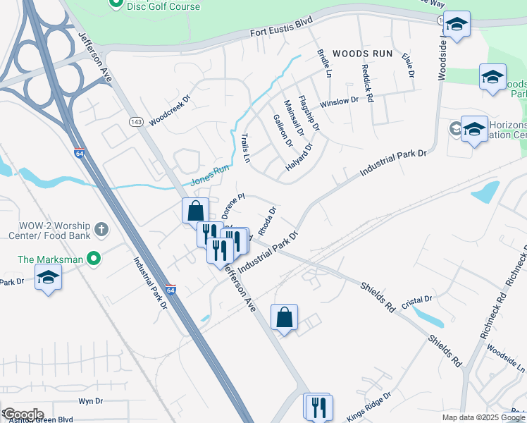 map of restaurants, bars, coffee shops, grocery stores, and more near 626 Dorene Place in Newport News