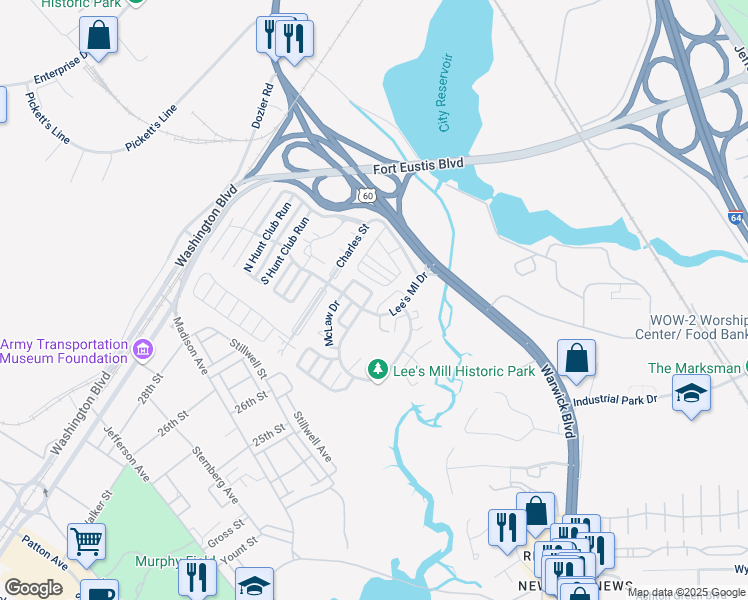 map of restaurants, bars, coffee shops, grocery stores, and more near 347 Lees Mill Drive in Newport News