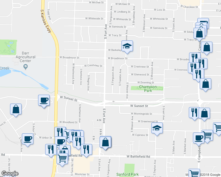 map of restaurants, bars, coffee shops, grocery stores, and more near 2561 South Ferguson Avenue in Springfield