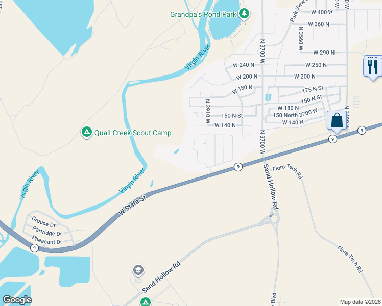 map of restaurants, bars, coffee shops, grocery stores, and more near 73 North 3950 West in Hurricane