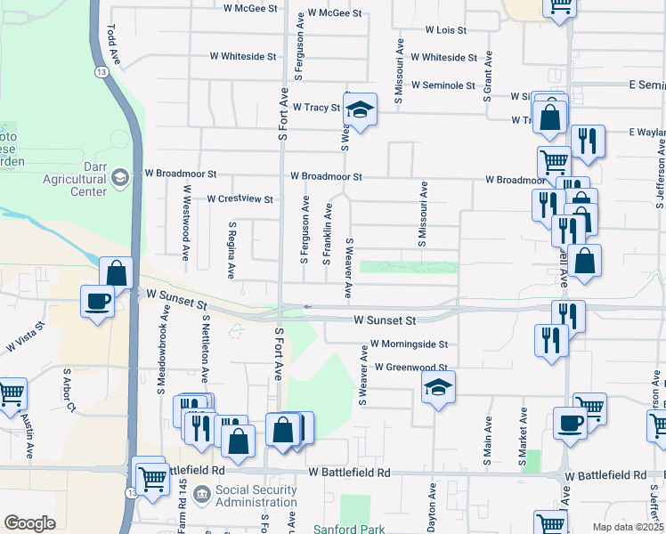 map of restaurants, bars, coffee shops, grocery stores, and more near 2539 South Weaver Avenue in Springfield