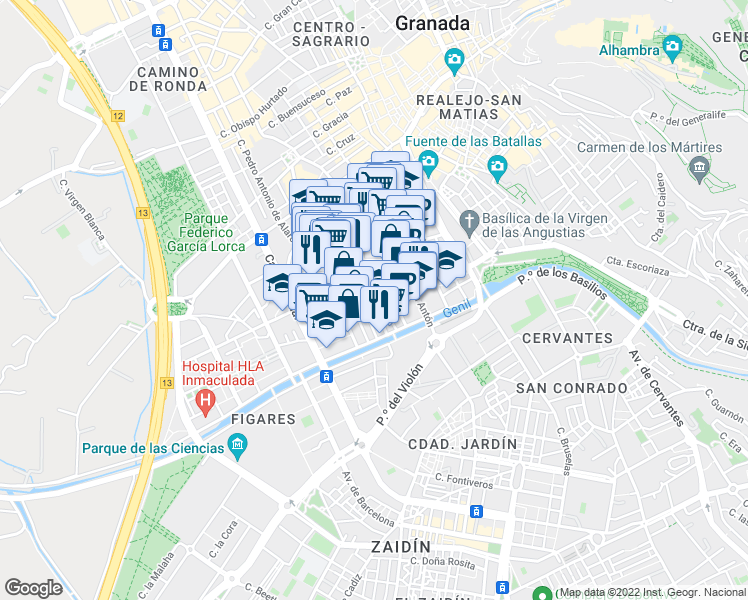 map of restaurants, bars, coffee shops, grocery stores, and more near 6 Calle San Francisco de Asís in Granada