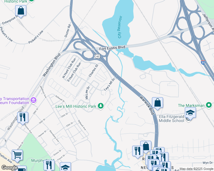 map of restaurants, bars, coffee shops, grocery stores, and more near 463 Lees Mill Drive in Newport News