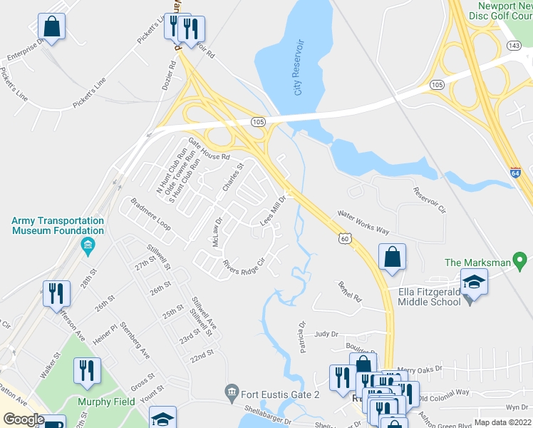 map of restaurants, bars, coffee shops, grocery stores, and more near 463 Lees Mill Drive in Newport News