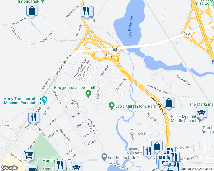 map of restaurants, bars, coffee shops, grocery stores, and more near 351 Lees Mill Drive in Newport News