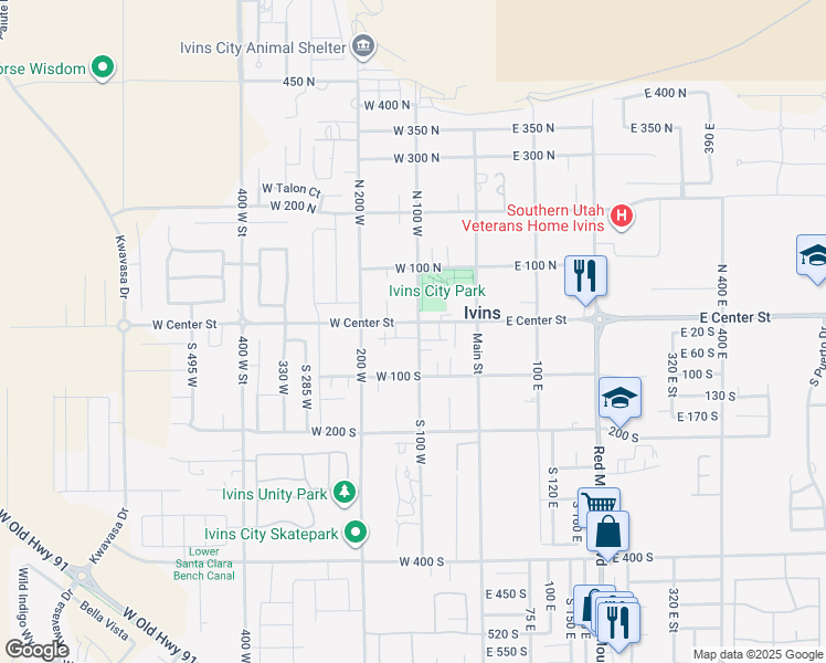 map of restaurants, bars, coffee shops, grocery stores, and more near 140 West Center Street in Ivins