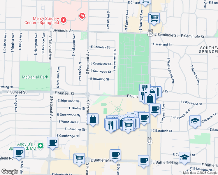 map of restaurants, bars, coffee shops, grocery stores, and more near 2514 South Weller Avenue in Springfield
