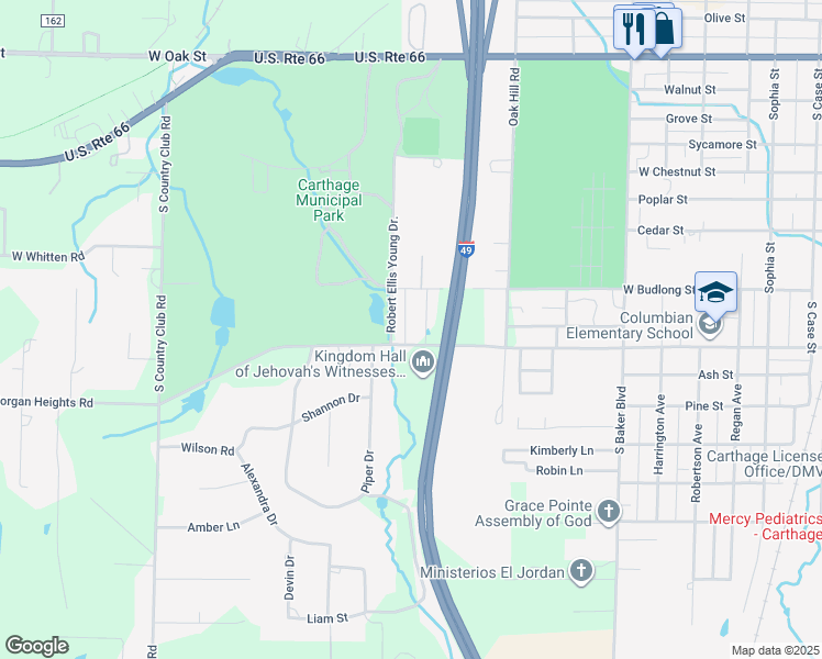 map of restaurants, bars, coffee shops, grocery stores, and more near Robert Ellis Young Drive in Carthage
