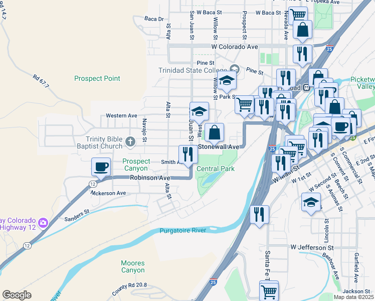 map of restaurants, bars, coffee shops, grocery stores, and more near 701-799 San Juan St in Trinidad