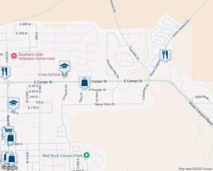 map of restaurants, bars, coffee shops, grocery stores, and more near 851 East Posado Street in Ivins