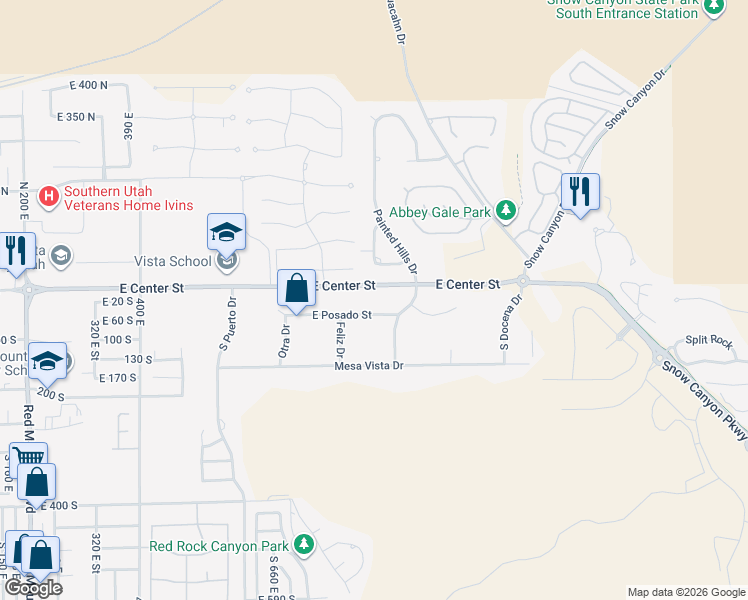 map of restaurants, bars, coffee shops, grocery stores, and more near 472-474 E Center St in Ivins