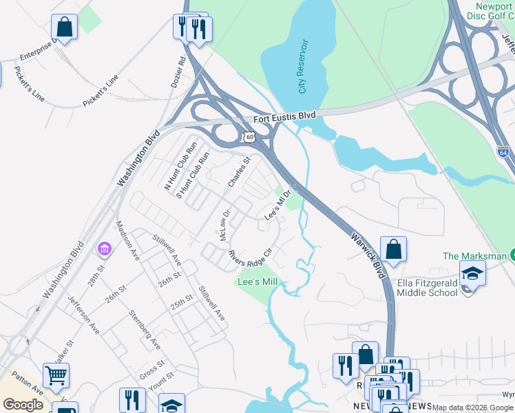 map of restaurants, bars, coffee shops, grocery stores, and more near 347 Lees Mill Drive in Newport News