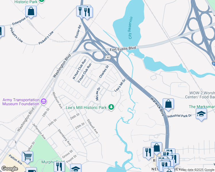 map of restaurants, bars, coffee shops, grocery stores, and more near 365 Lee's Mill Drive in Newport News