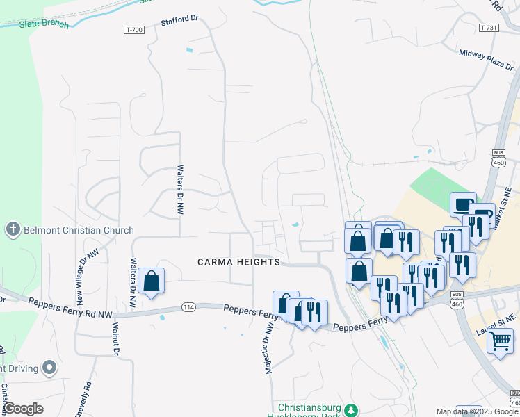 map of restaurants, bars, coffee shops, grocery stores, and more near 185 Hamilton Avenue Northwest in Christiansburg