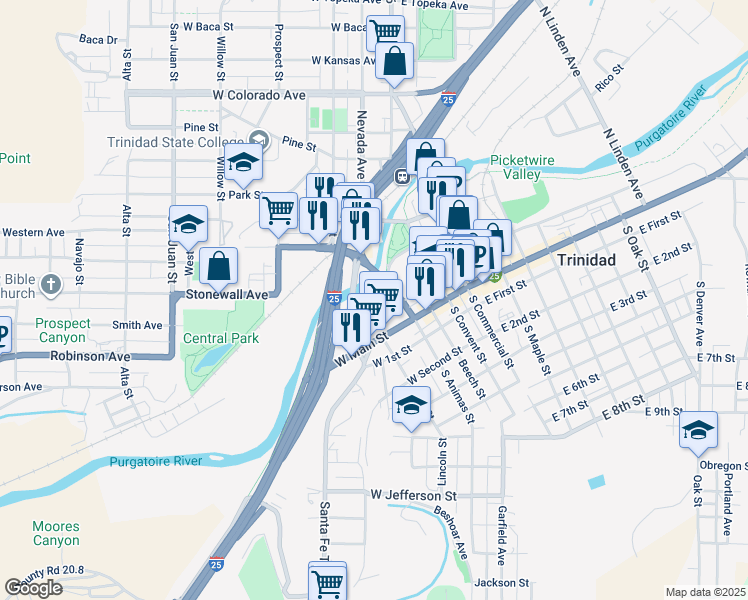 map of restaurants, bars, coffee shops, grocery stores, and more near Purgatoire Drive in Trinidad