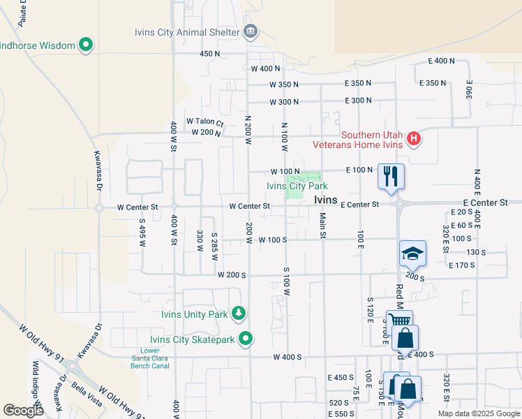 map of restaurants, bars, coffee shops, grocery stores, and more near 21 North 150 West in Ivins