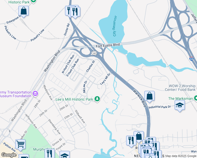map of restaurants, bars, coffee shops, grocery stores, and more near 473 Lees Mill Drive in Newport News