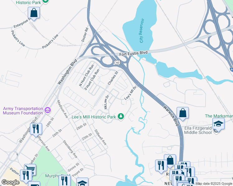 map of restaurants, bars, coffee shops, grocery stores, and more near 347 Lees Mill Drive in Newport News