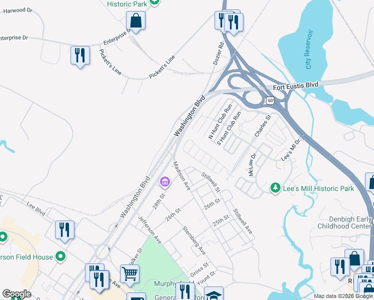 map of restaurants, bars, coffee shops, grocery stores, and more near 262 Bradmere Loop in Newport News
