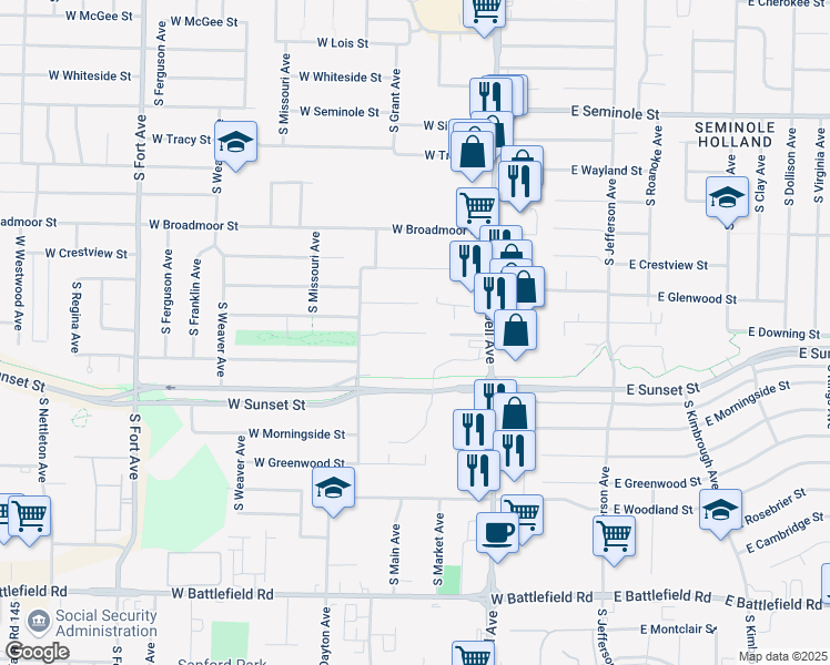 map of restaurants, bars, coffee shops, grocery stores, and more near 545 West Edgewood Street in Springfield