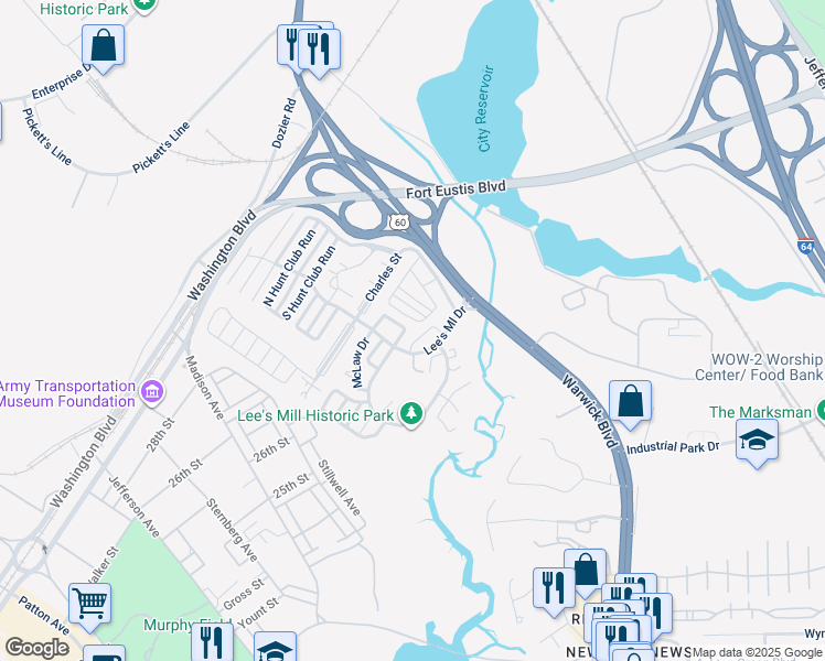 map of restaurants, bars, coffee shops, grocery stores, and more near 397 Lee's Mill Drive in Newport News
