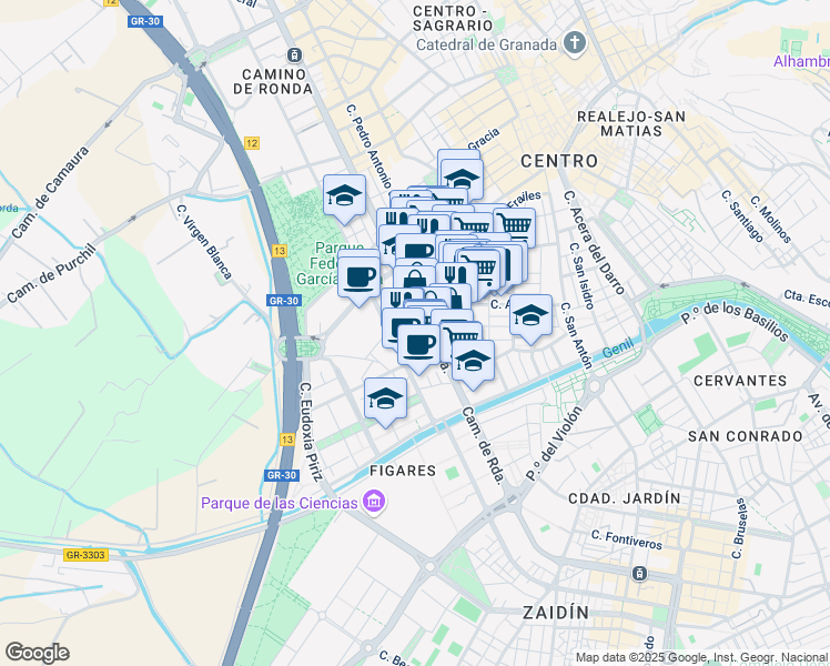 map of restaurants, bars, coffee shops, grocery stores, and more near 58 Paseo Ronda in Granada