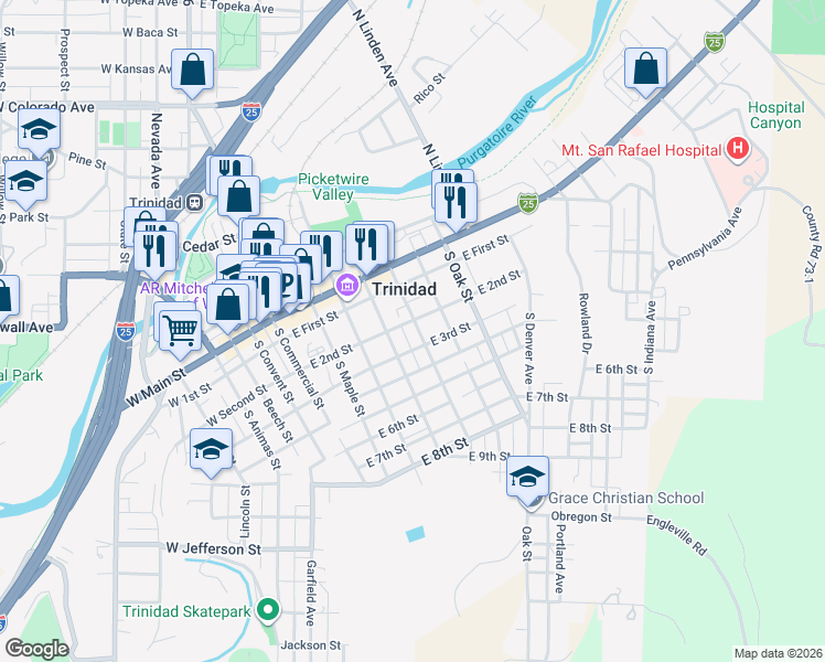 map of restaurants, bars, coffee shops, grocery stores, and more near 401-499 E 2nd St in Trinidad