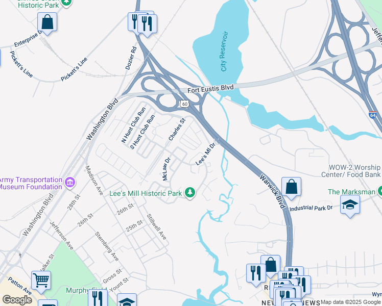 map of restaurants, bars, coffee shops, grocery stores, and more near 399 Lees Mill Drive in Newport News