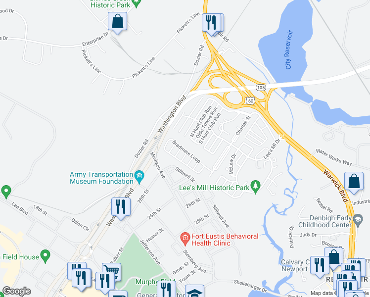 map of restaurants, bars, coffee shops, grocery stores, and more near 232 Bradmere Loop in Newport News