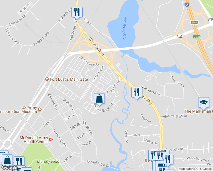 map of restaurants, bars, coffee shops, grocery stores, and more near 399 Lees Mill Drive in Newport News