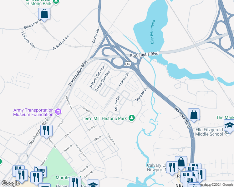 map of restaurants, bars, coffee shops, grocery stores, and more near 501 Lees Mill Drive in Newport News