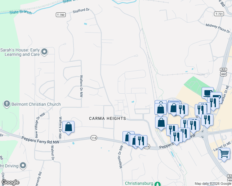 map of restaurants, bars, coffee shops, grocery stores, and more near 575 Stafford Drive in Christiansburg
