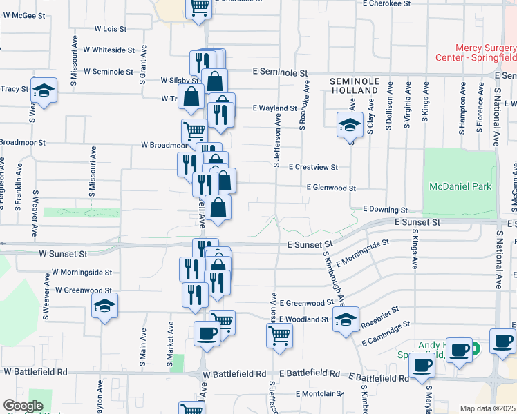 map of restaurants, bars, coffee shops, grocery stores, and more near 2539b South Place in Springfield