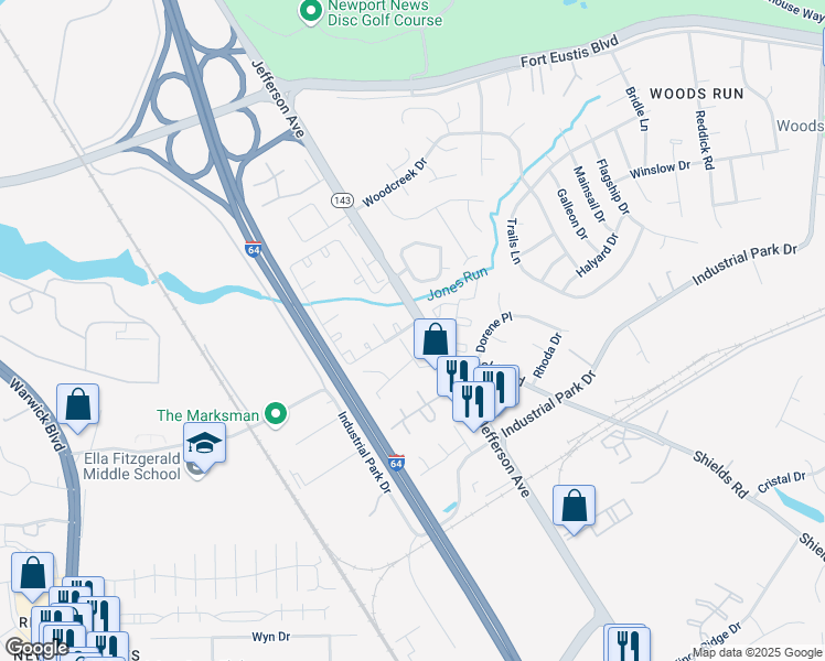 map of restaurants, bars, coffee shops, grocery stores, and more near 13230 Ridgeview Drive in Newport News