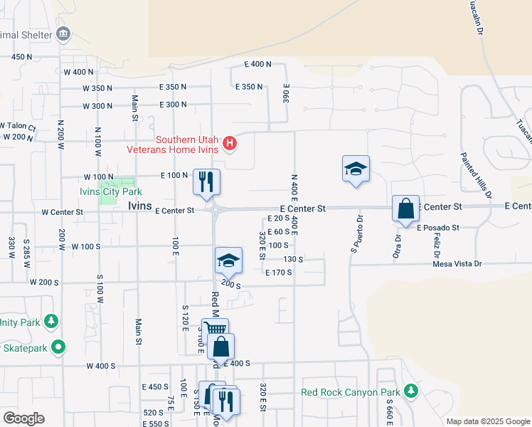 map of restaurants, bars, coffee shops, grocery stores, and more near 329 East 20 South in Ivins