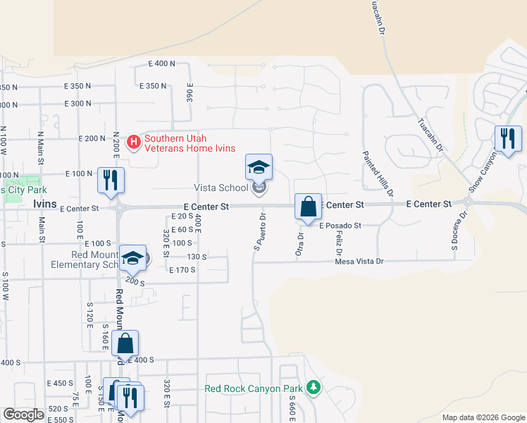map of restaurants, bars, coffee shops, grocery stores, and more near 17 South Puerto Drive in Ivins