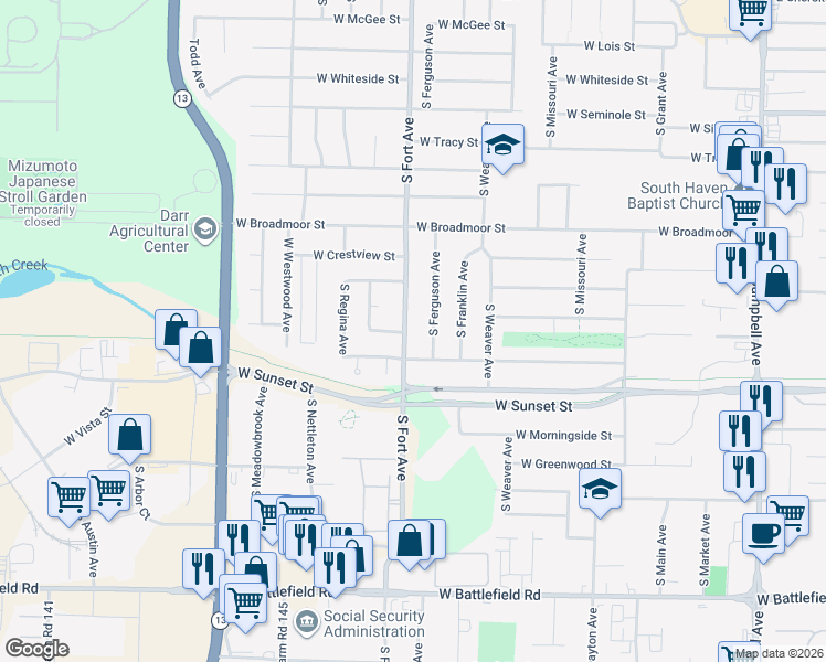 map of restaurants, bars, coffee shops, grocery stores, and more near 2540 South Fort Avenue in Springfield