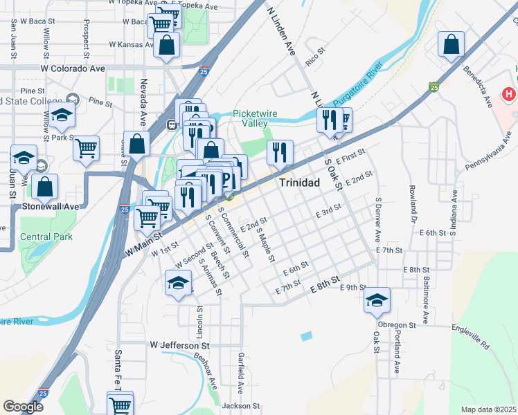 map of restaurants, bars, coffee shops, grocery stores, and more near 200 East First Street in Trinidad