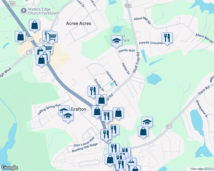 map of restaurants, bars, coffee shops, grocery stores, and more near 113 Rollins Way in Yorktown