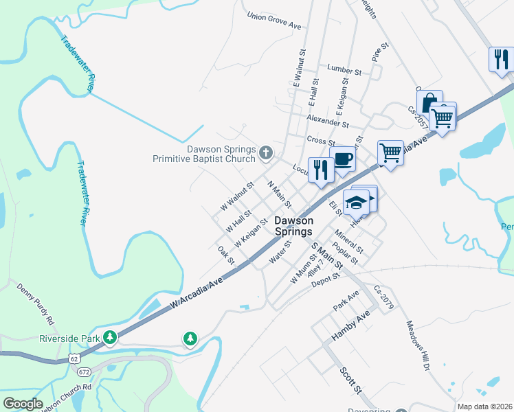 map of restaurants, bars, coffee shops, grocery stores, and more near 258 W Hall St in Dawson Springs
