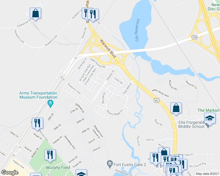 map of restaurants, bars, coffee shops, grocery stores, and more near 319 Lees Mill Drive in Newport News