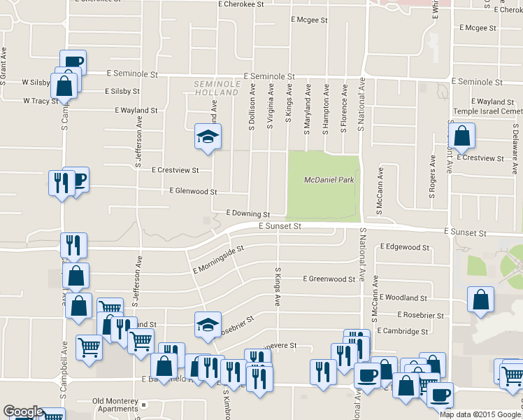 map of restaurants, bars, coffee shops, grocery stores, and more near 2531 South Virginia Avenue in Springfield